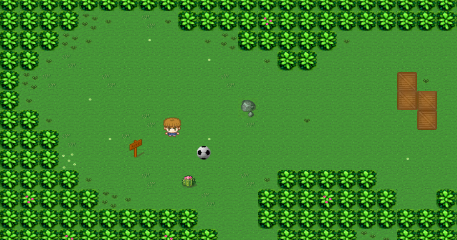 Top-down view of a soccer game on a grassy field with bushes