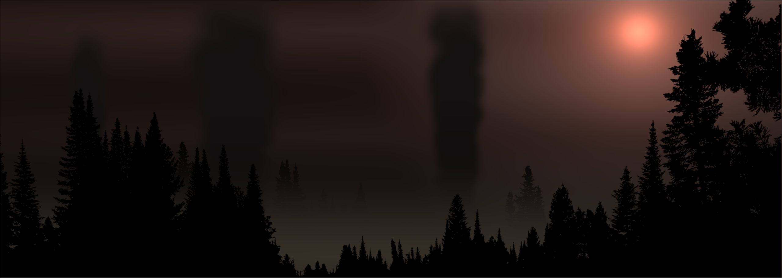 Dark forest silhouette under a smoky red sky