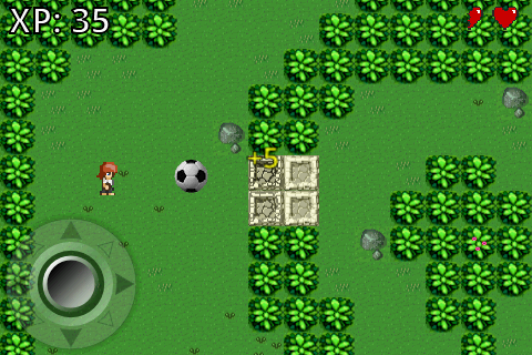 Soccer Kid gameplay with a pixel-art player, ball and virtual joystick